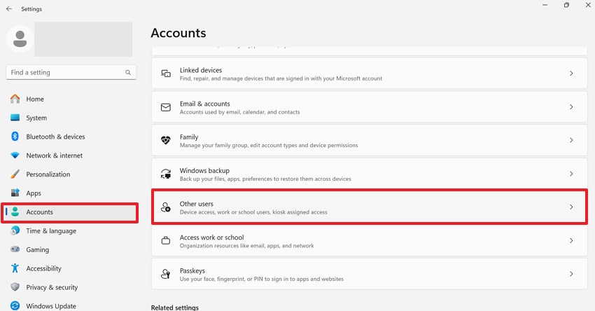 open accounts section from settings